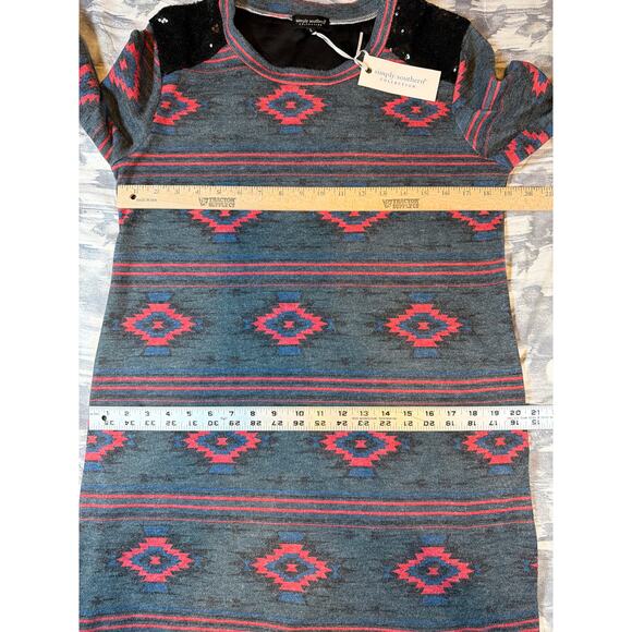 Simply Southern Black Sequined Red Grey Aztec Long Sleeve Dress Large NWT Gift - Picture 4 of 8